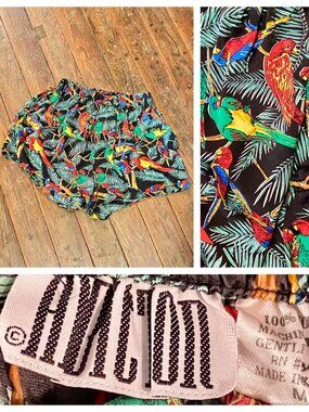 Vintage 90's Addiction Men's 100% Silk Boxer Shorts Jungle Parrot Print Korea M